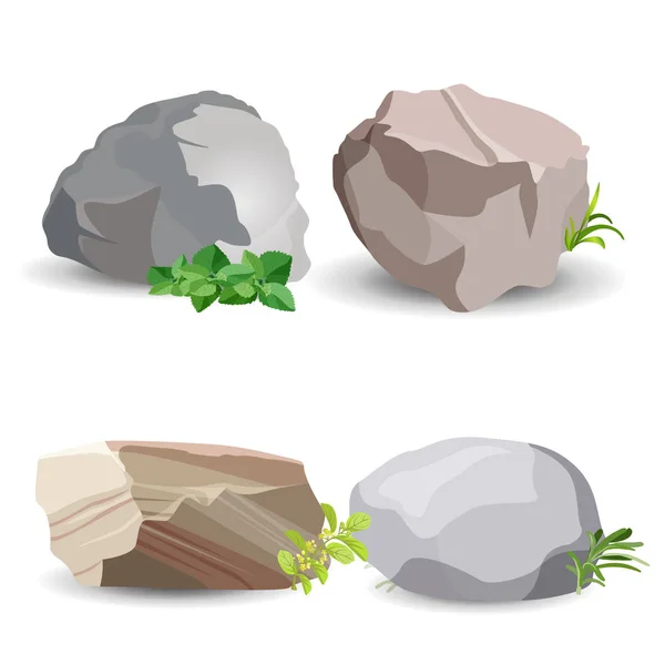 Quatro pedras de pedra com grama verde isolada em branco — Vetor de Stock