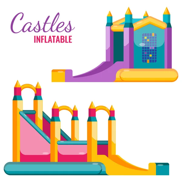 Dos castillos coloridos inflables aislados en el cartel blanco del vector — Archivo Imágenes Vectoriales