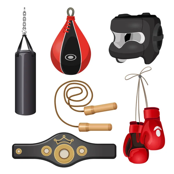 Boxing equipment punchbag on chain, protective headgear mask, leather gloves — Stock Vector