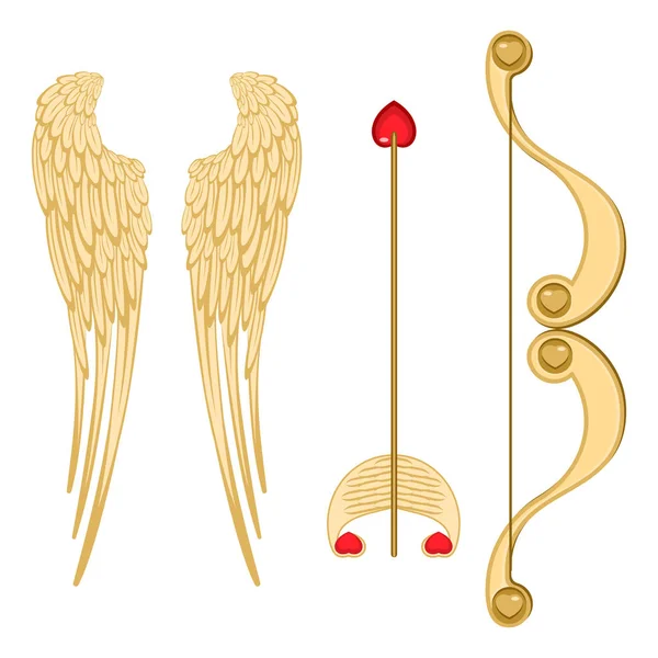 天使の翼、ハートのベクトルとレトロなキューピッドの弓矢 — ストックベクタ