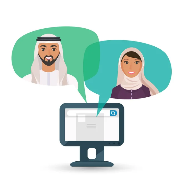 Αραβικά άνδρας και γυναίκα επικοινωνούν μέσω Internet εικονογράφηση — Διανυσματικό Αρχείο