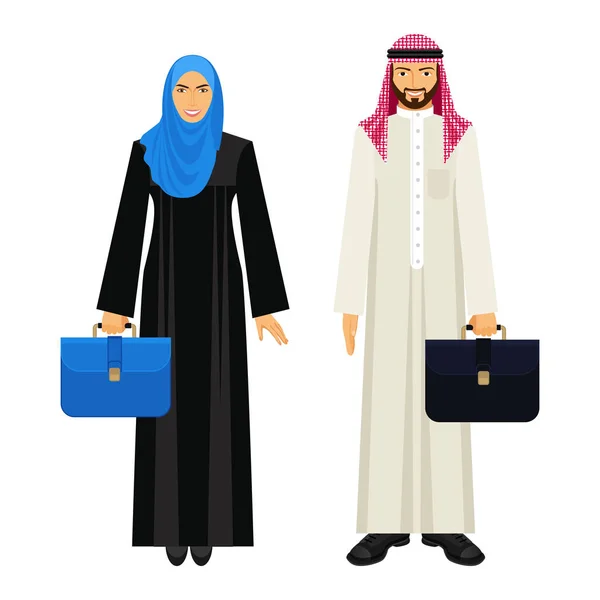 Árabe hombre de negocios y mujer de negocios con diplomáticos de cuero ilustración — Vector de stock