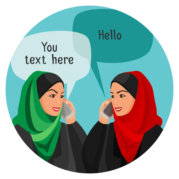 Mujeres árabes conversando por teléfono con espacio para texto — Archivo Imágenes Vectoriales