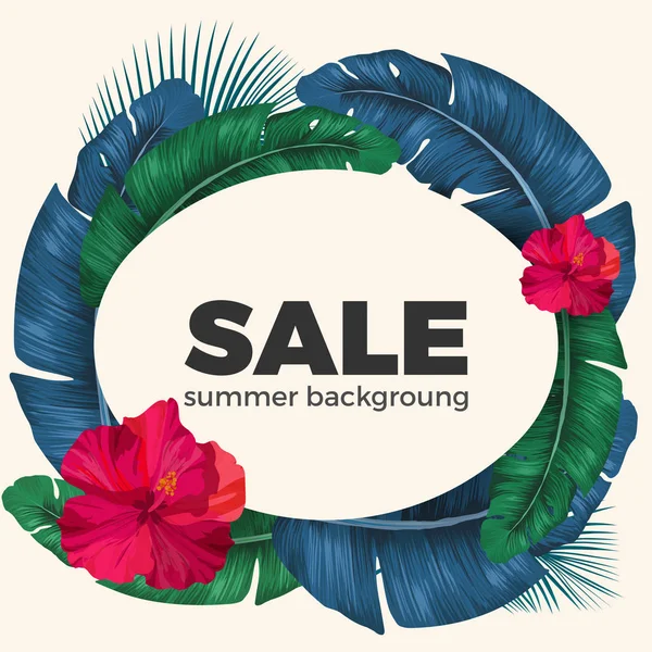 Cartel de venta de verano con círculo de hojas de palma y flores de hibisco — Vector de stock