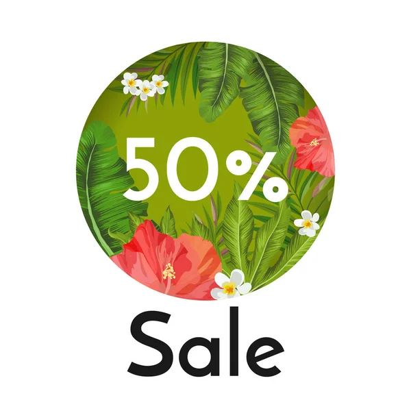 Banner de venta con flores y plantas tropicales — Vector de stock