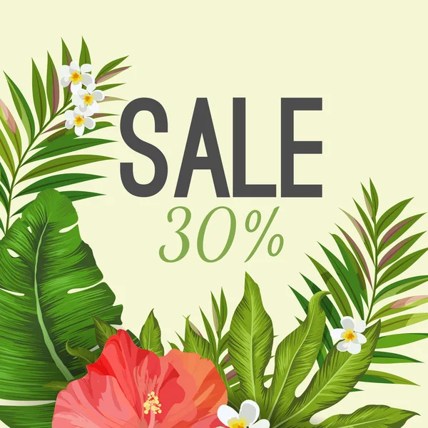 Cartel de venta sobre fondo con hojas tropicales y flores — Vector de stock