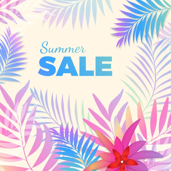 Cartel luminoso de venta de verano con hojas de palma sobre fondo — Vector de stock