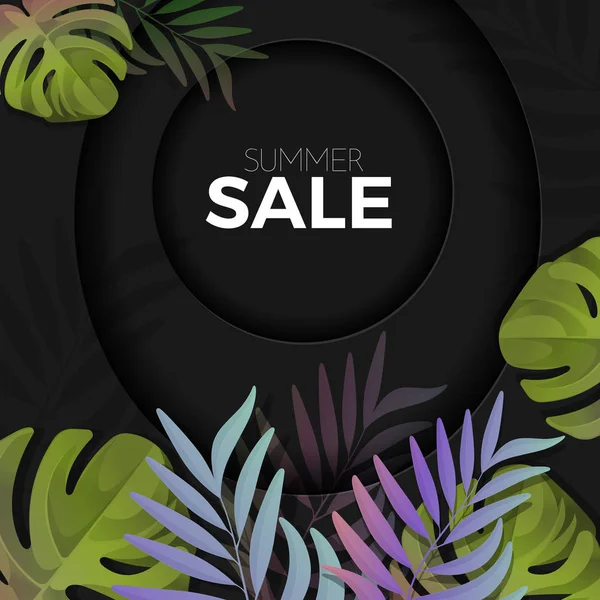 Fond de vente d'été avec des feuilles colorées exotiques — Image vectorielle