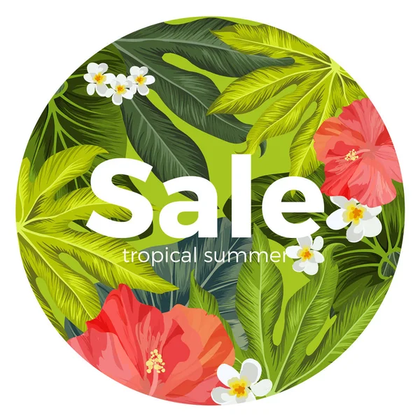 Venta de tarjeta de promoción con flores tropicales y hojas en el fondo — Vector de stock