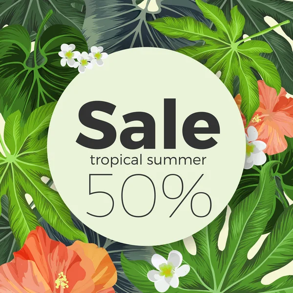 Venta de verano en círculo, fondo con plantas tropicales — Vector de stock