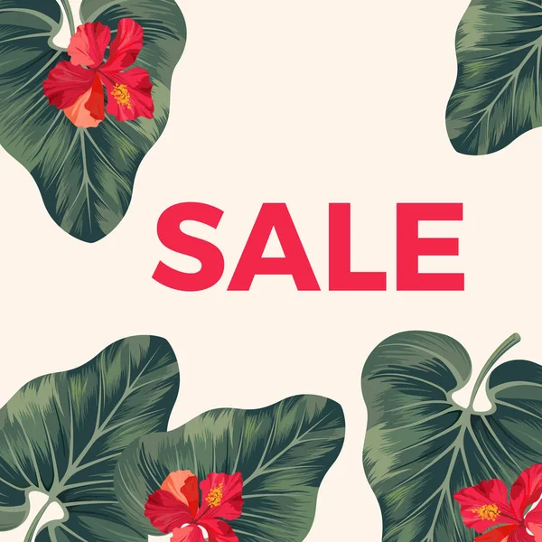 Rode verkoop aanlog-promo poster met bladeren en bloemen — Stockvector
