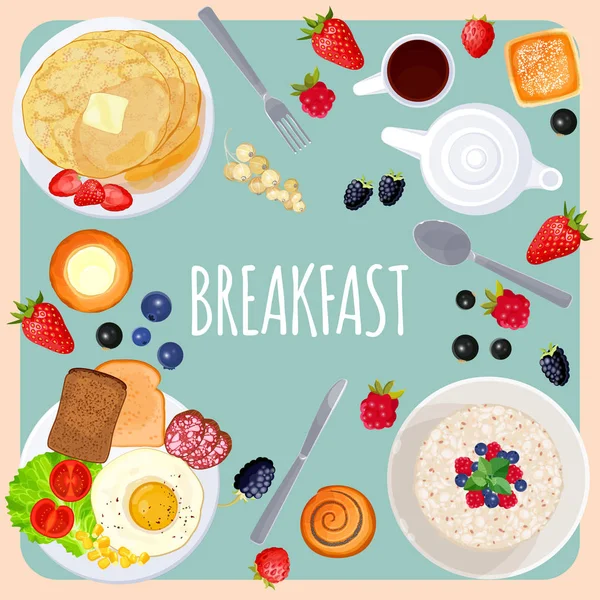 Mesa de desayuno con ilustración aislada de alimentos en azul claro — Archivo Imágenes Vectoriales