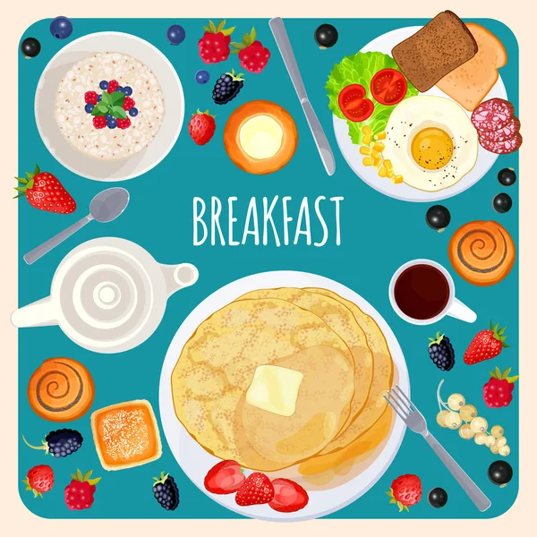 Breakfast food and drink top view isolated illustration — Stock Vector