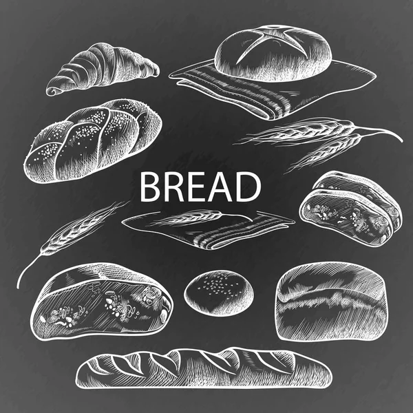 Artículos de pan colección ilustración dibujada a mano en gris oscuro — Vector de stock