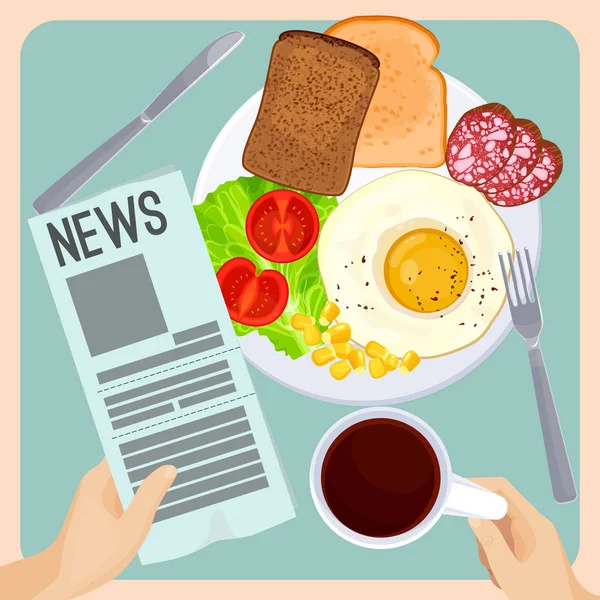 Morgenmahlzeit mit frischer Zeitungsabbildung auf hellblau — Stockvektor