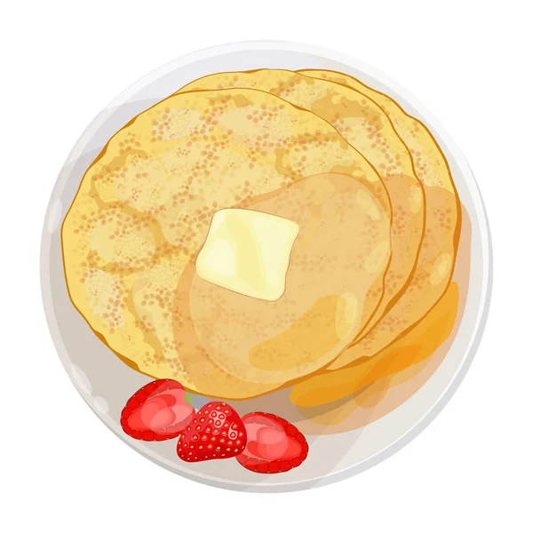 Thin pancakes with strawberries lying on plate isolated illustration — Stock Vector