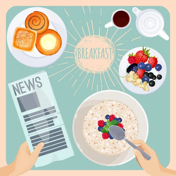 Breakfast table with food and newspaper illustration on light blue Vector Graphics