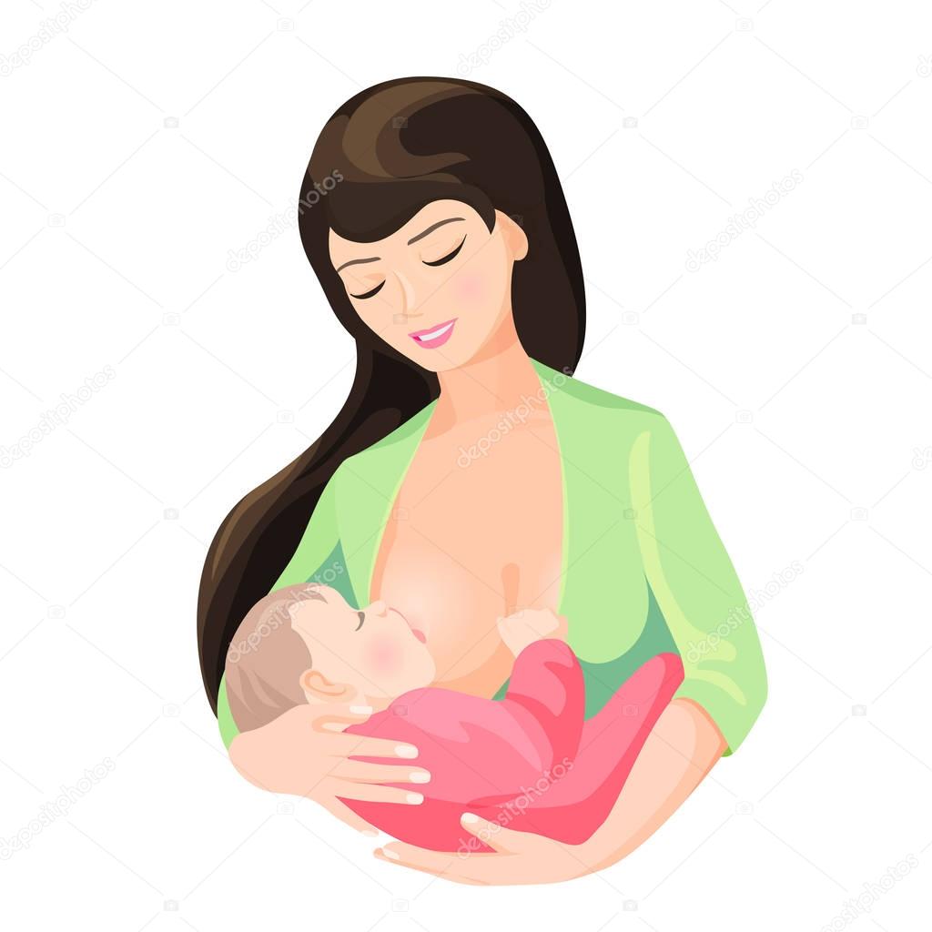 Mother breastfeeding her little baby isolated illustration on white