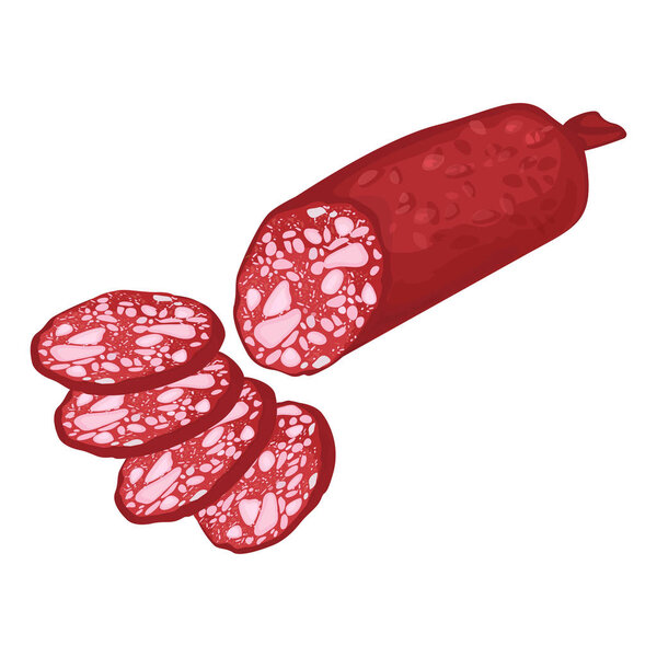Closeup of salami and slices isolated illustration on white