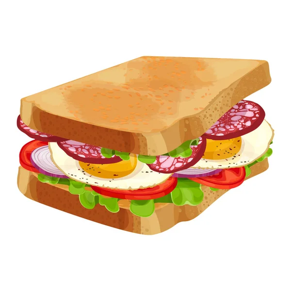Жареный сэндвич с зеленым салатом, нарезанные помидоры и лук, яйцо — стоковый вектор
