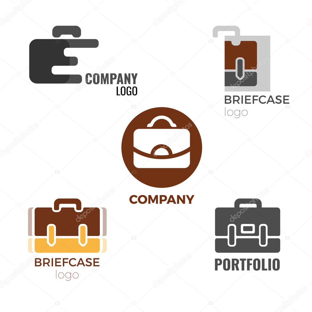 Briefcase logos collection of isolated vector illustrations on white background. Signs of companies producing bag and cases and portfolios