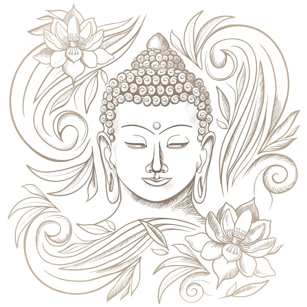 Buddha Gautama dengan mata tertutup dan gambar vektor pola bunga - Stok Vektor