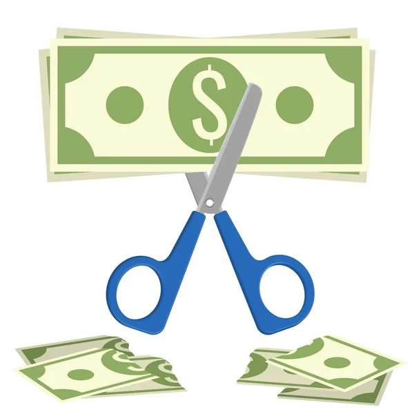 Les ciseaux réduisent le budget, le processus de coupe du vecteur de billets en dollars — Image vectorielle