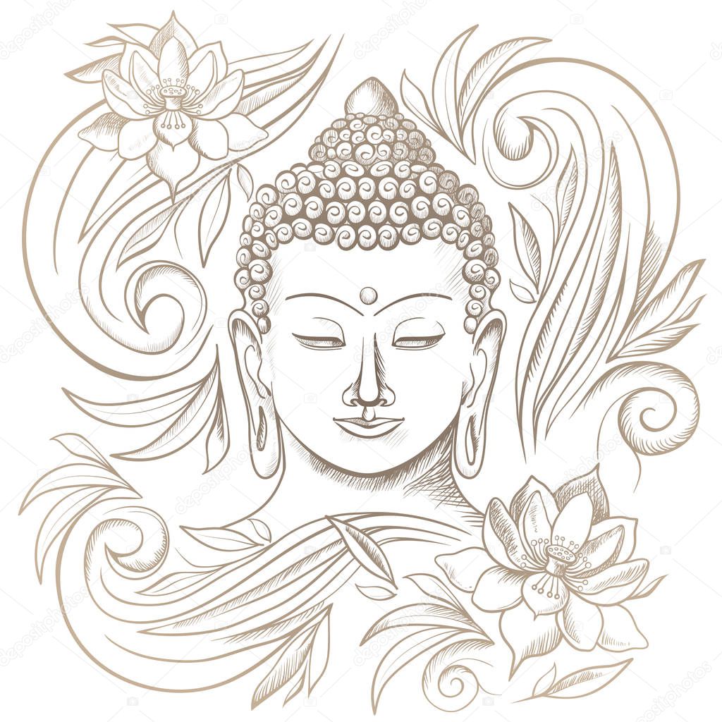 Gautama buddha with closed eyes and floral pattern vector illustration