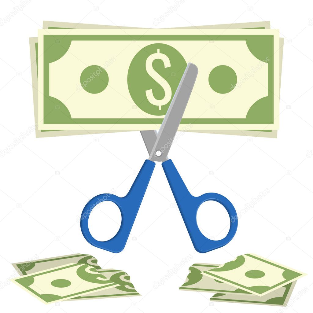 Scissors cuts budget, process of cutting dollar banknote vector