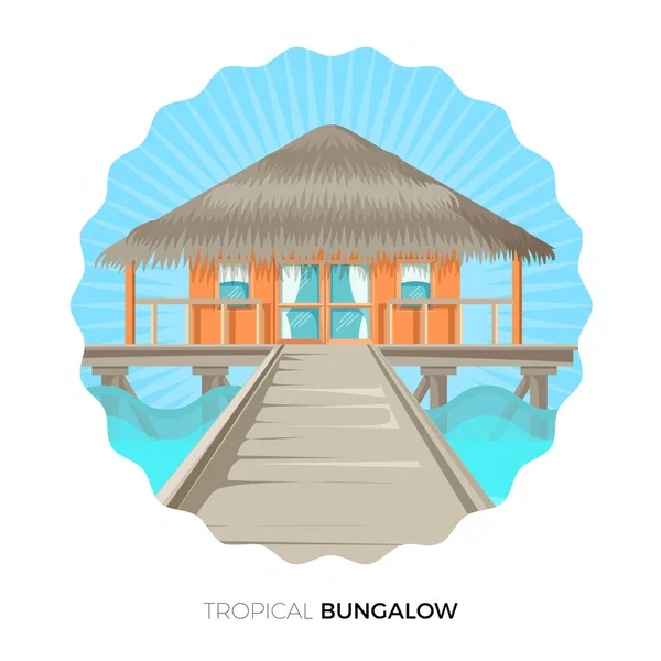 Casa de campo bungalow tropical en el icono de ilustración de vectores de agua — Vector de stock