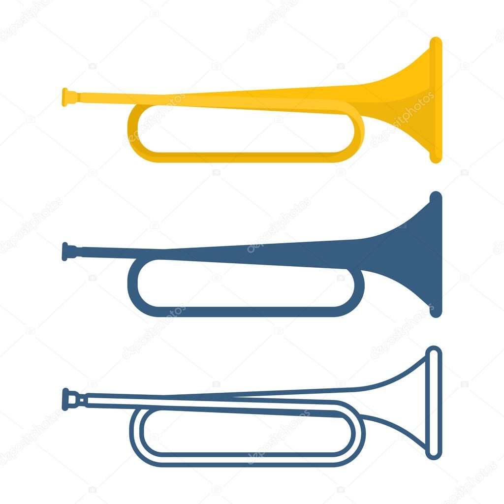 Set of bugles of different colors, golden and blue musical instruments, icons depicted on vector illustration isolated on white background