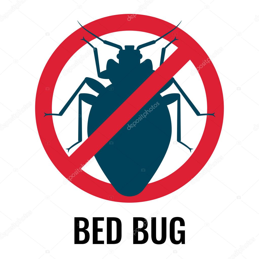 Anti bed bug emblem, icon of parasite placed in circle and crossed with line, label on vector illustration isolated on white background