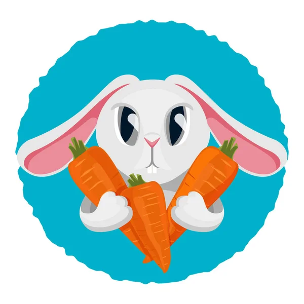 Long haired rabbit holding carrot in two paws vector illustration — Stock Vector