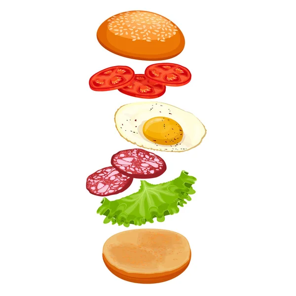 Burger με συστατικά που απομονώνονται σε λευκό. Κουλούρι τραγανό, πράσινο μαρούλι — Διανυσματικό Αρχείο