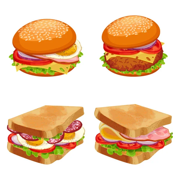 Burgery, hamburgery i cheeseburgery z bułki i chleb — Wektor stockowy