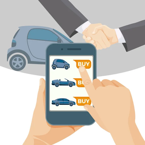 Compre o carro online por meio do smartphone moderno —  Vetores de Stock