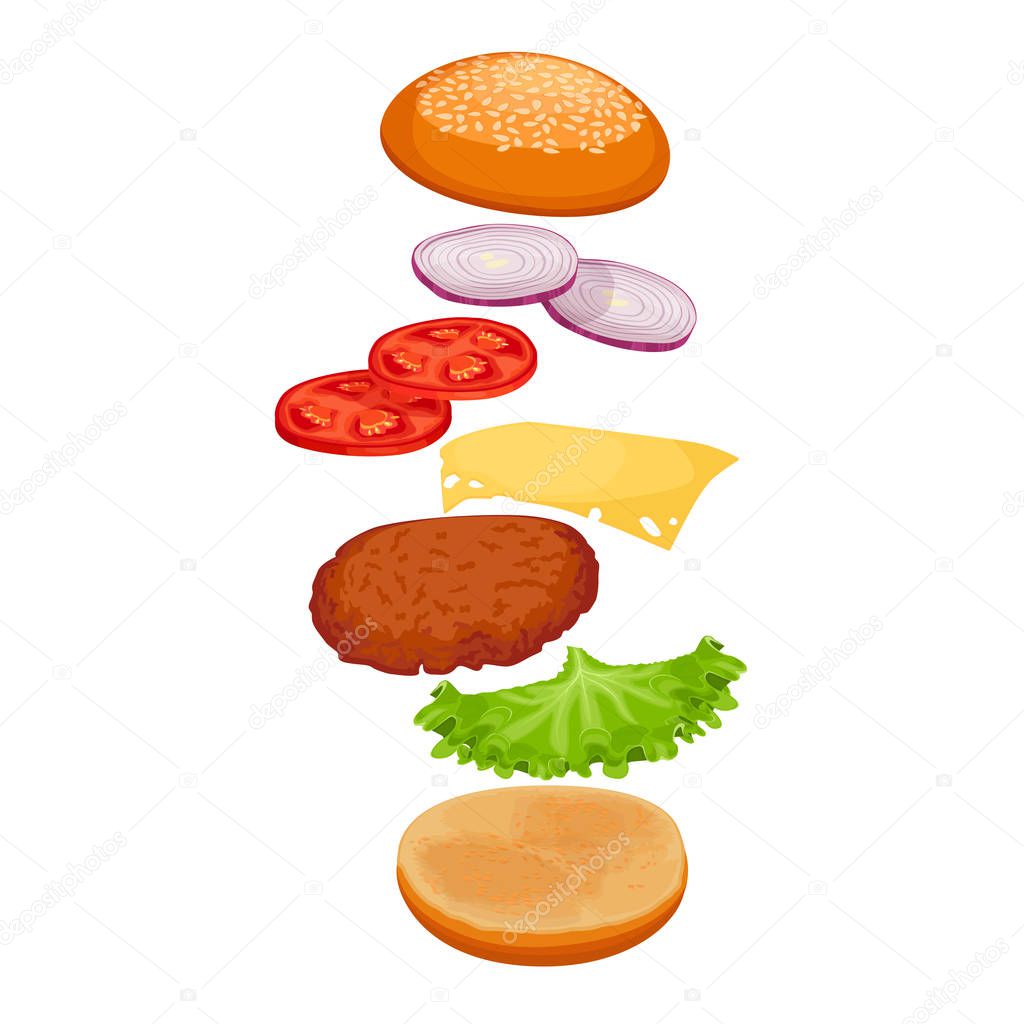 Burger with ingredients isolated on white. Crispy bun with sesame