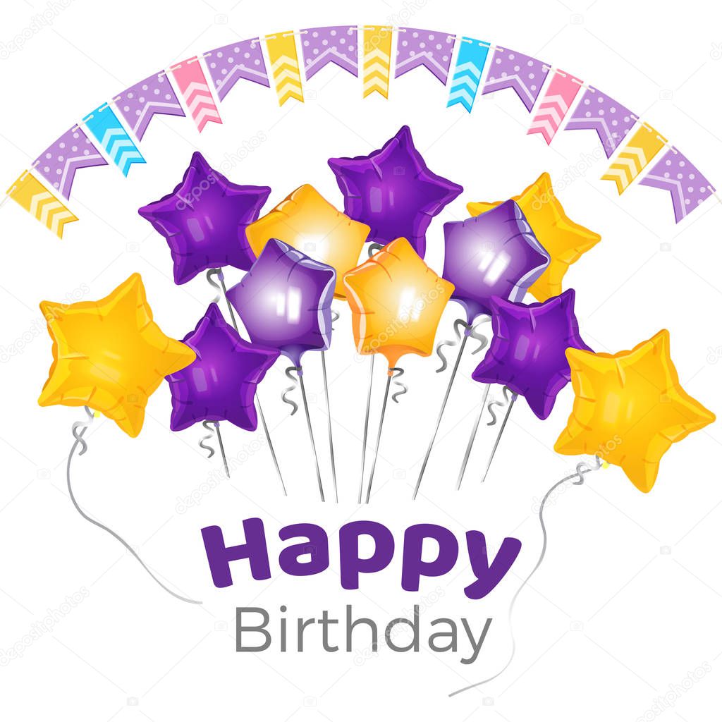 Happy birthday greeting on banner with star shaped balloons