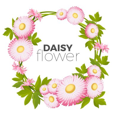 Daisy çiçekli çerçeve ile pembe çiçekleri ve yeşil yaprakları vektör