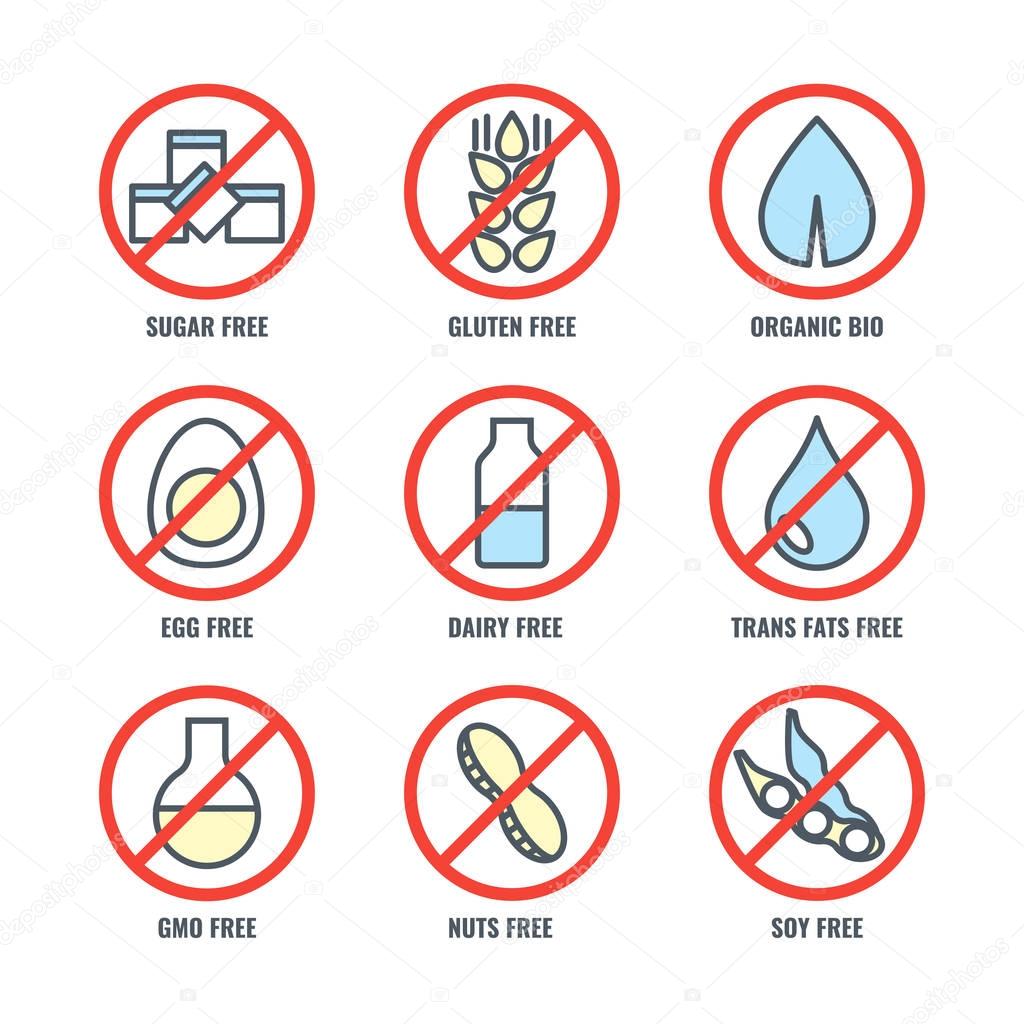 Set of icons with sign meaning absence of sugar gluten