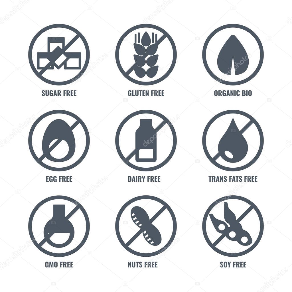 Set of icons with sign meaning absence of sugar gluten