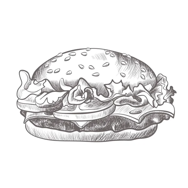 Szkic Burger czerni i bieli realistyczne ilustracja na białym tle — Wektor stockowy