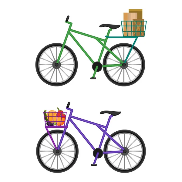 Bicicletas com cestas cheias de envelopes masculinos e vegetais frescos —  Vetores de Stock