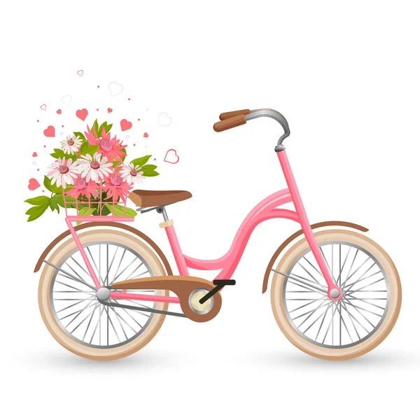 Bicicleta rosa com carrinho cheio de flores e corações vetor —  Vetores de Stock