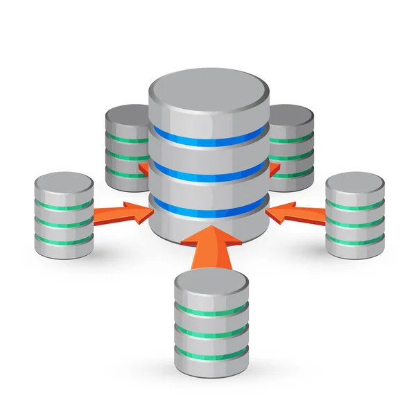 Base de datos recogida organizada de datos representados como contenedores metálicos — Vector de stock