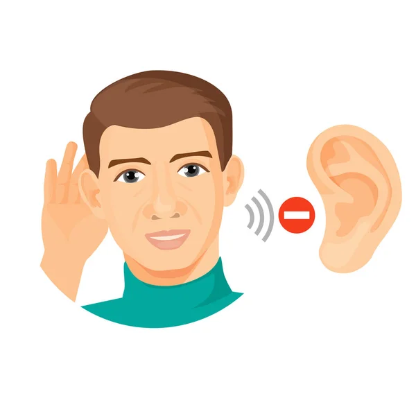 Personaje masculino sordo con primer plano de oreja y señal de stop — Vector de stock