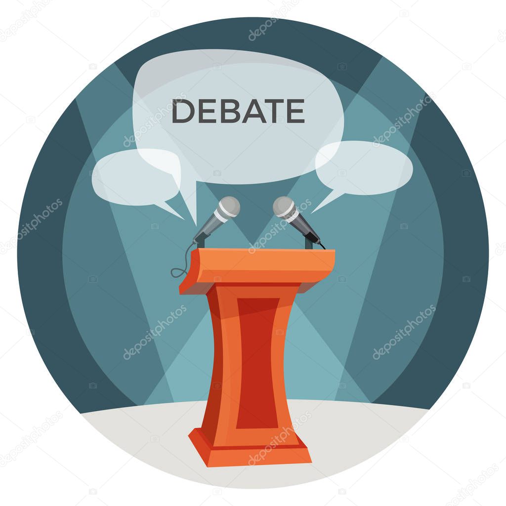 Debate poster with microphones and opinions on vector illustration