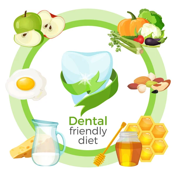 Dieta dental amigable con productos en ilustración vectorial — Archivo Imágenes Vectoriales