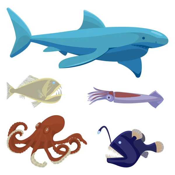 Mar profundo perigosas criaturas incomuns isolados ilustrações conjunto — Vetor de Stock