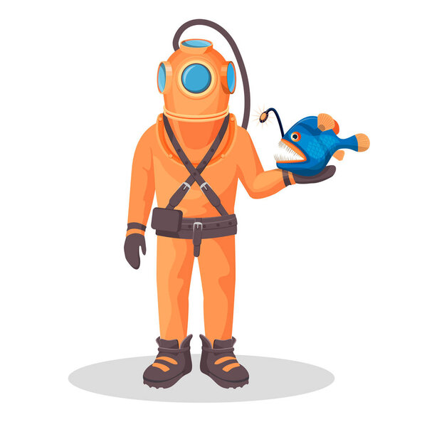 Глубоководный ныряльщик в скафандре держит морских дьяволов
